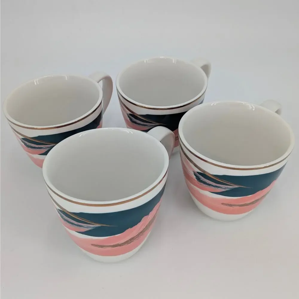 West Elm Ceramic Mug Set Abstract Brushstroke Teal Pink Gold Coffee Tea Cup